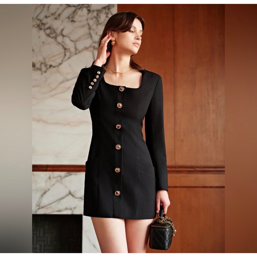 Commense Black Square Neck Gold Button Mini Dress Long Sleeve NWT Size M